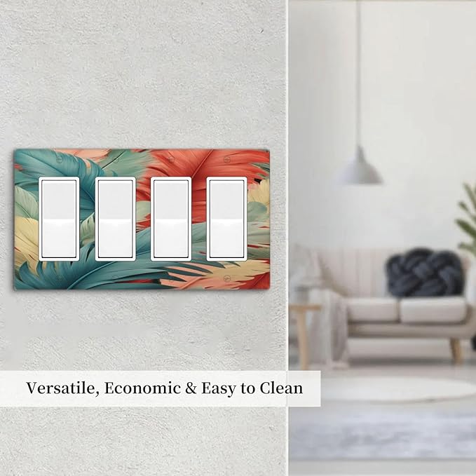 Colorful Feathers Blue Red Light Switch Cover 4 Gang Rocker Decora Outlet Covers Wall Plate Decorative Switchplate Electrical Faceplate GFCI for Farmhouse Living Bedroom Decor