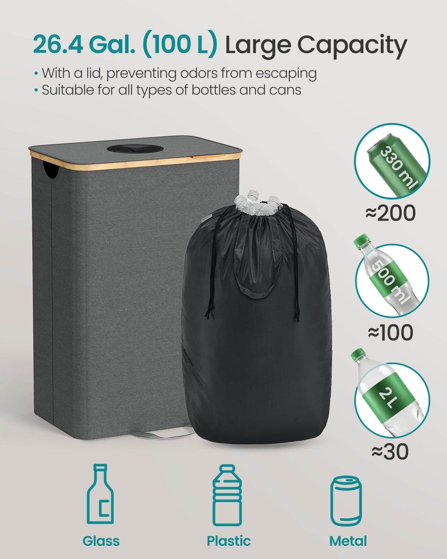 SONGMICS Recycling Bin for Kitchen 26.4 Gallon. Bottle Recycling Container, Collection Bin, for Metal, Plastic, Paper, Glass, Inner Bag with Handles, Kitchen, Slate Gray and Natural Beige URRB509G01