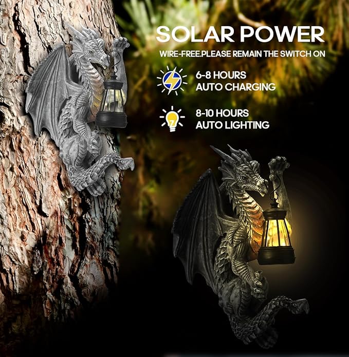 Dragon Outdoor Porch Decor Hugger with Solar Lantern Gothic, Dragon Statue Garden Lights, Gifts for Mom, Housewarming Gifts for Women, Ideal Dragon Garden Decor-Pair