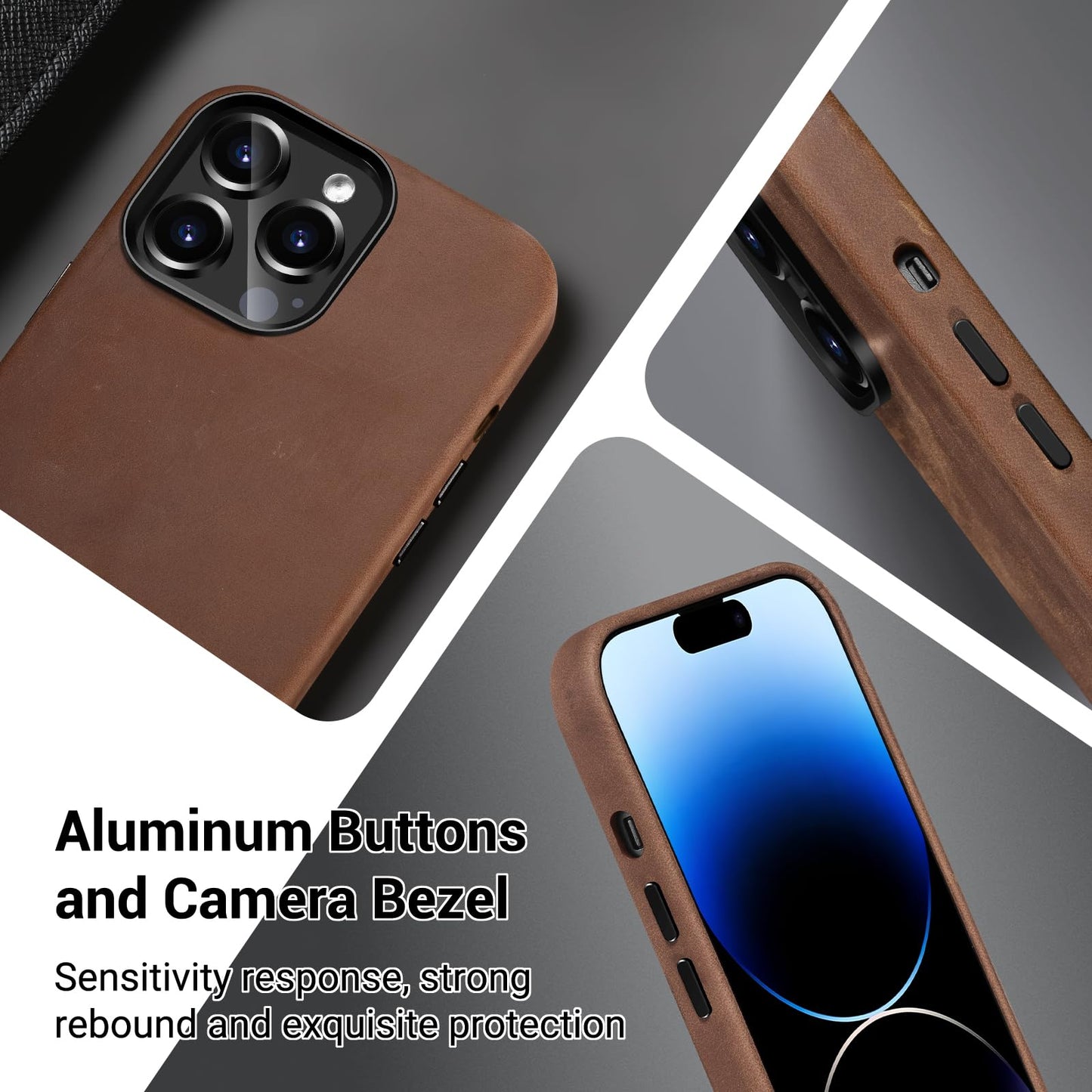 Belemay Compatible with iPhone 14 Pro Leather Case Magsafe - Top Grain Vintage Crazy Horse Leather - Metal Buttons & Camera Bezel Bump - Slim Fit & Soft - Premium Phone Cover (6.1-inch) Retro Brown