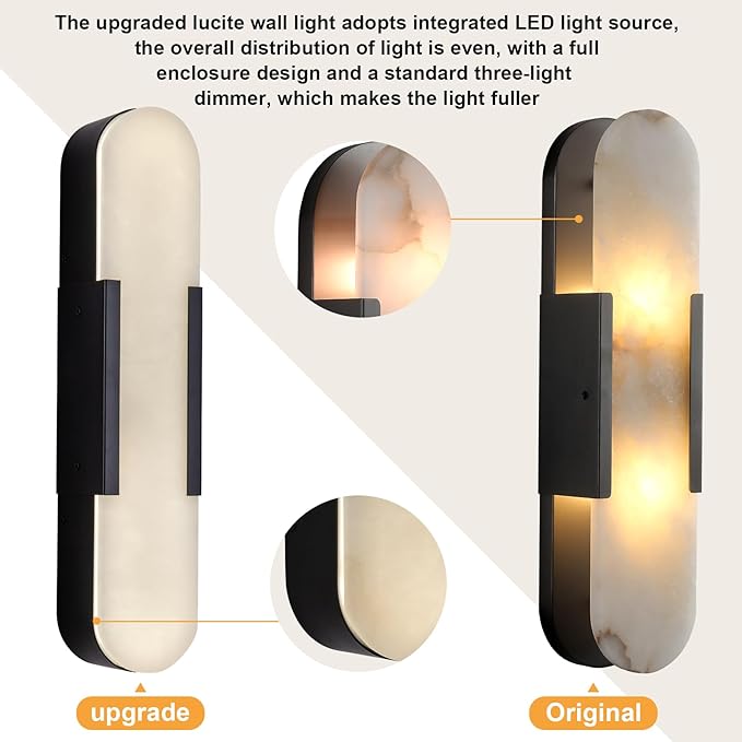 Alabaster Wall Sconces Set of 2,19.7'' Brass Wall Sconce Natural Marble Wall Sconce for Bathroom, Indoor Modern Wall Light Fixtures for Living Room Hallway Stairs Vanity Bedside, Black