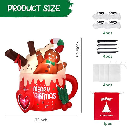 6.5 FT Christmas Inflatables Outdoor Decorations, Gingerbread Christmas Inflatable Hot Cocoa Mug with Built-in LEDs Blow Up Christmas Decoration for Garden Lawn Yard Patio Xmas Inflatable