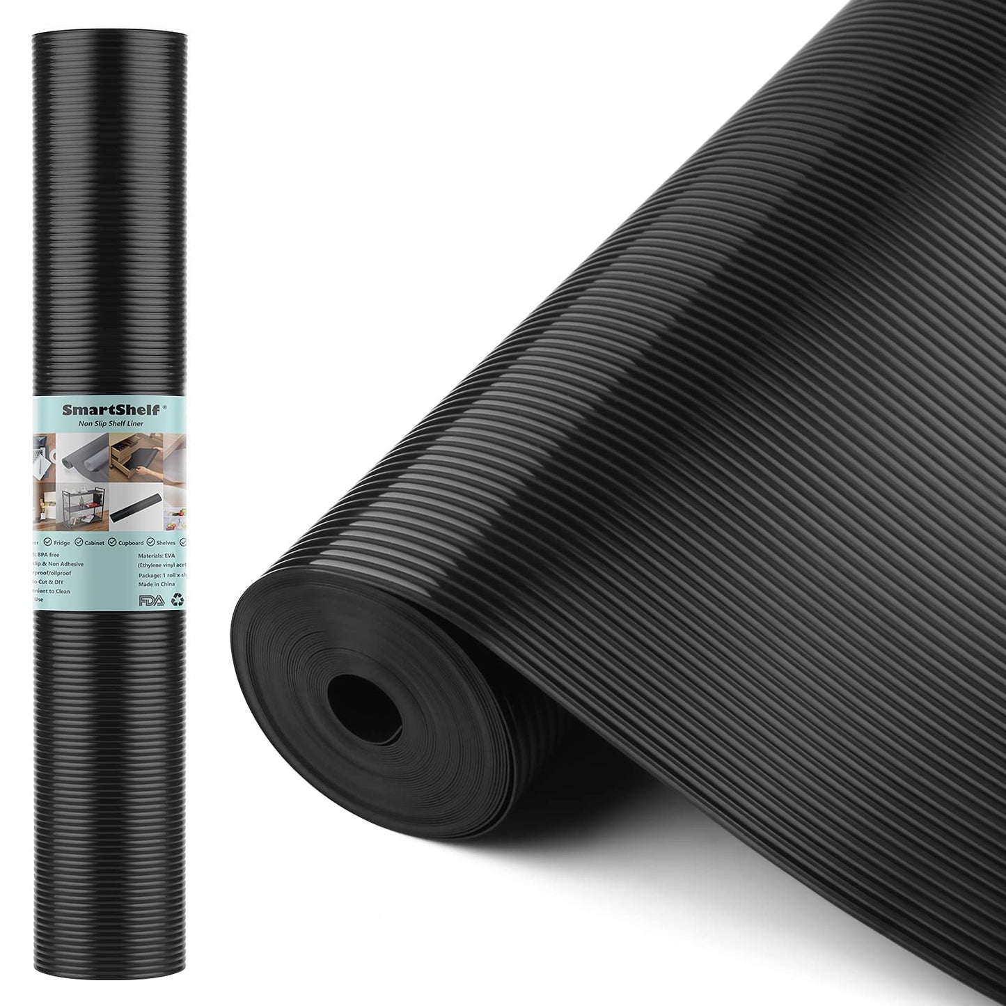 Shelf Liners for Kitchen Cabinets Non Adhesive Drawer Liner EVA Material Cupboard Mat Refrigerator Mats Washable Fridge Liner for Cabinet, Storage and Desks 11.8 x 59 Inches Black