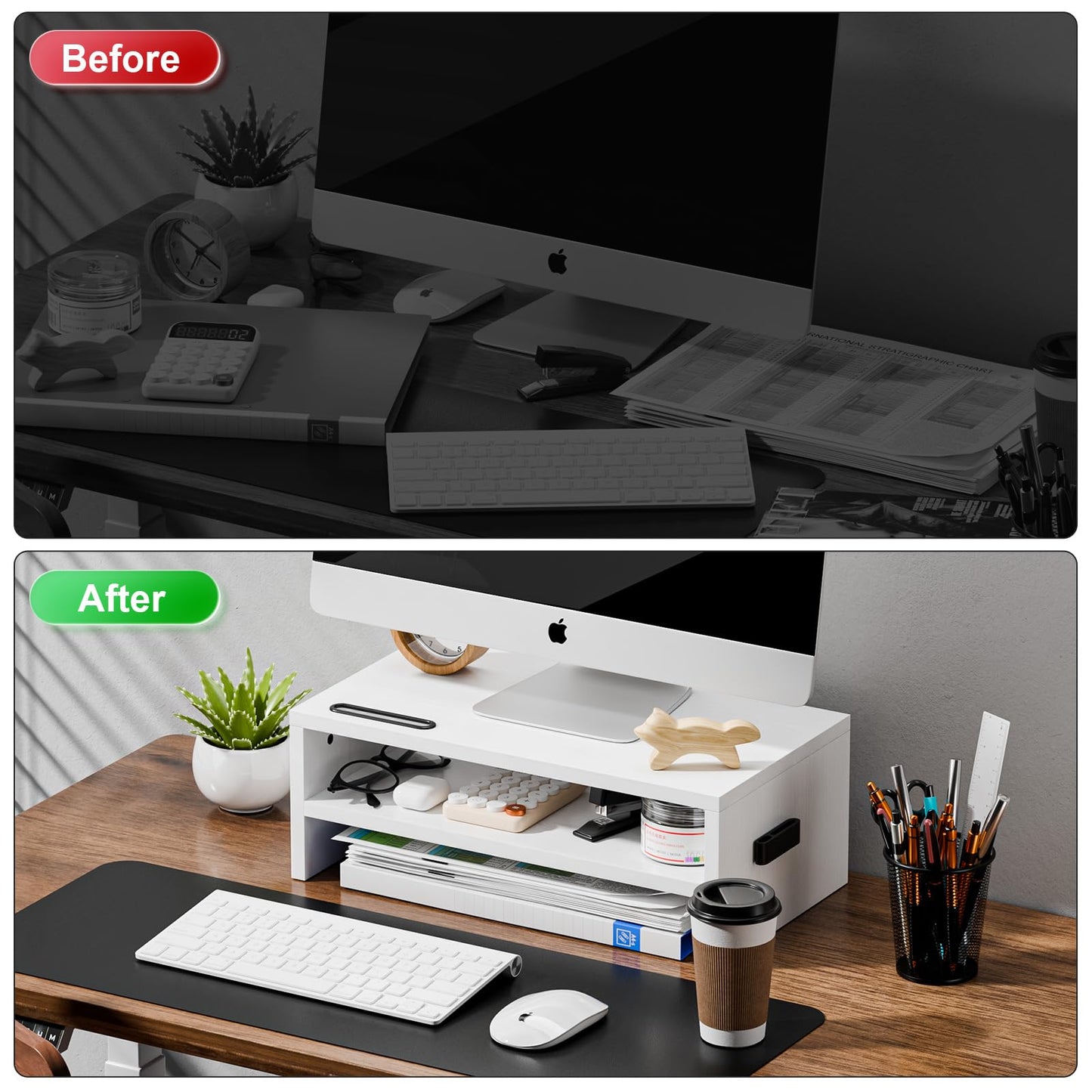 Marbrasse Monitor Stand Riser, 16.5 Inch 2 Tier Computer Printer Shelf Stand for Laptop Computer Screen Storage, Desktop Stand with Phone Holder and Cable Management (White)