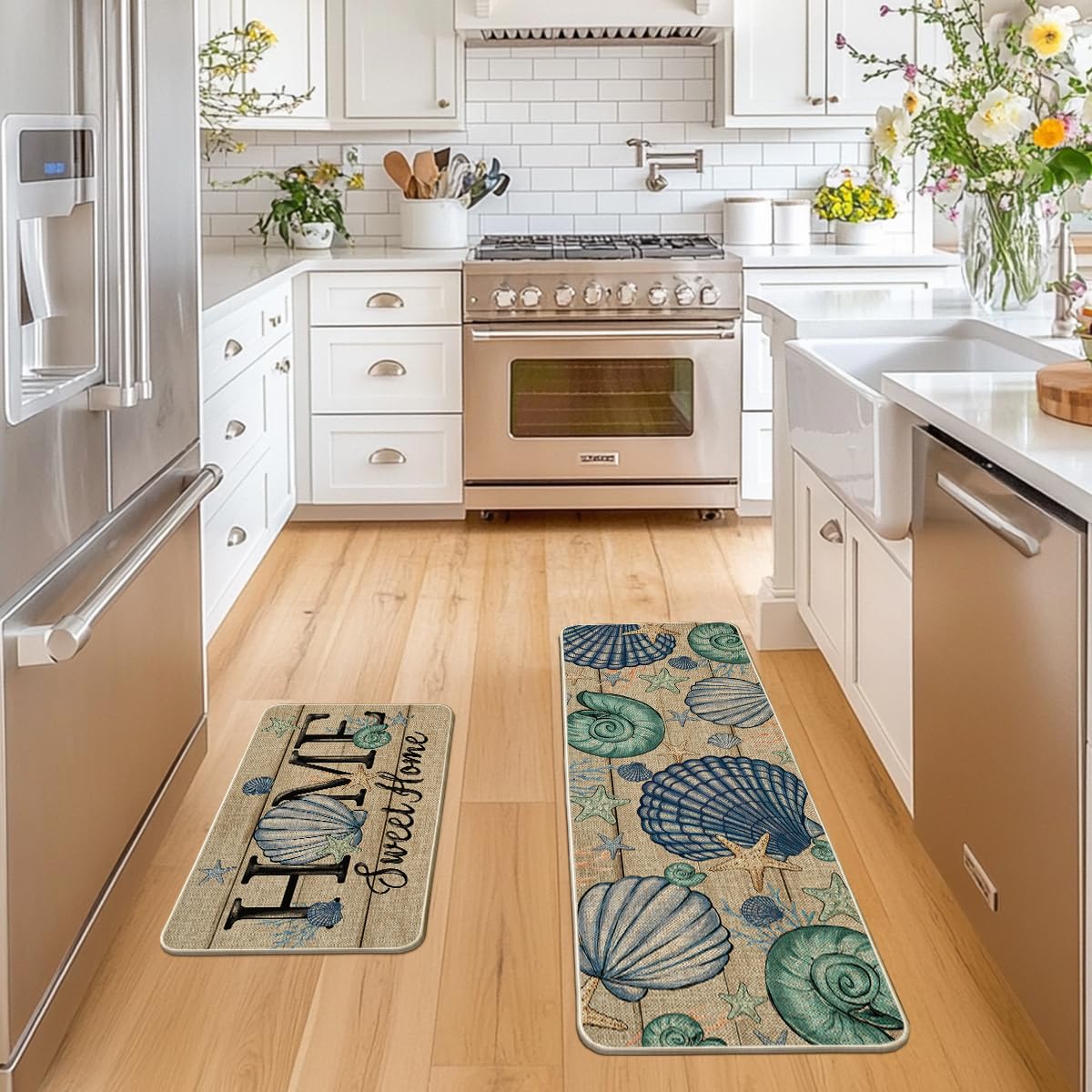 Artoid Mode Blue Conch Starfish Summer Kitchen Mats Set of 2, Seasonal Sweet Home Decor Low-Profile Kitchen Rugs for Floor - 17x29 and 17x47 Inch