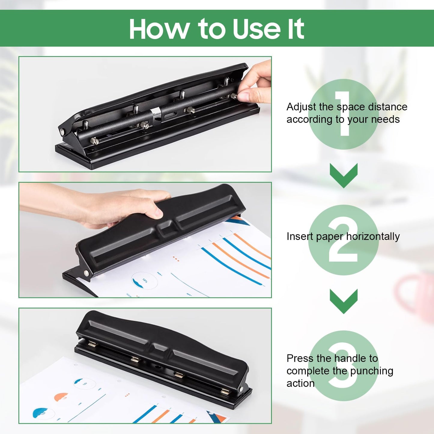 Adjustable 4-Hole Paper Puncher for A4 Refills - 10 Sheet Capacity - Portable Manual Tool with 6mm Hole Diameter - Black Desktop Ring Puncher for Office and School Supplies 999D