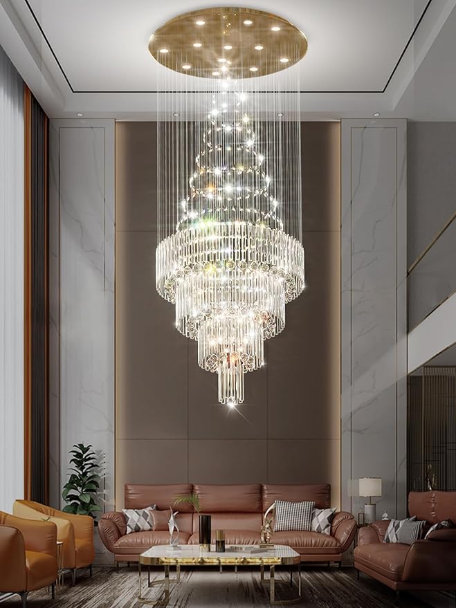 Flashing God D32''XH100'' Modern Large Chandelier for High Ceiling Raindrop Crystal Chandelier High Ceiling Pendant Light Fixture for Hallway Living Room Gold Stairwell Chandeliers