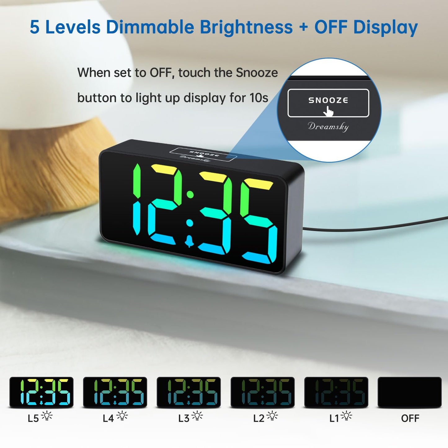 DreamSky Small Digital Alarm Clocks for Bedrooms - RGB Electric Alarm Clock for Kids Bedside Nightstand, Desk Clock with Large Numbers, Dimmer, Adjustable Alarm Volume, USB Port, USB-C Adapter Powered