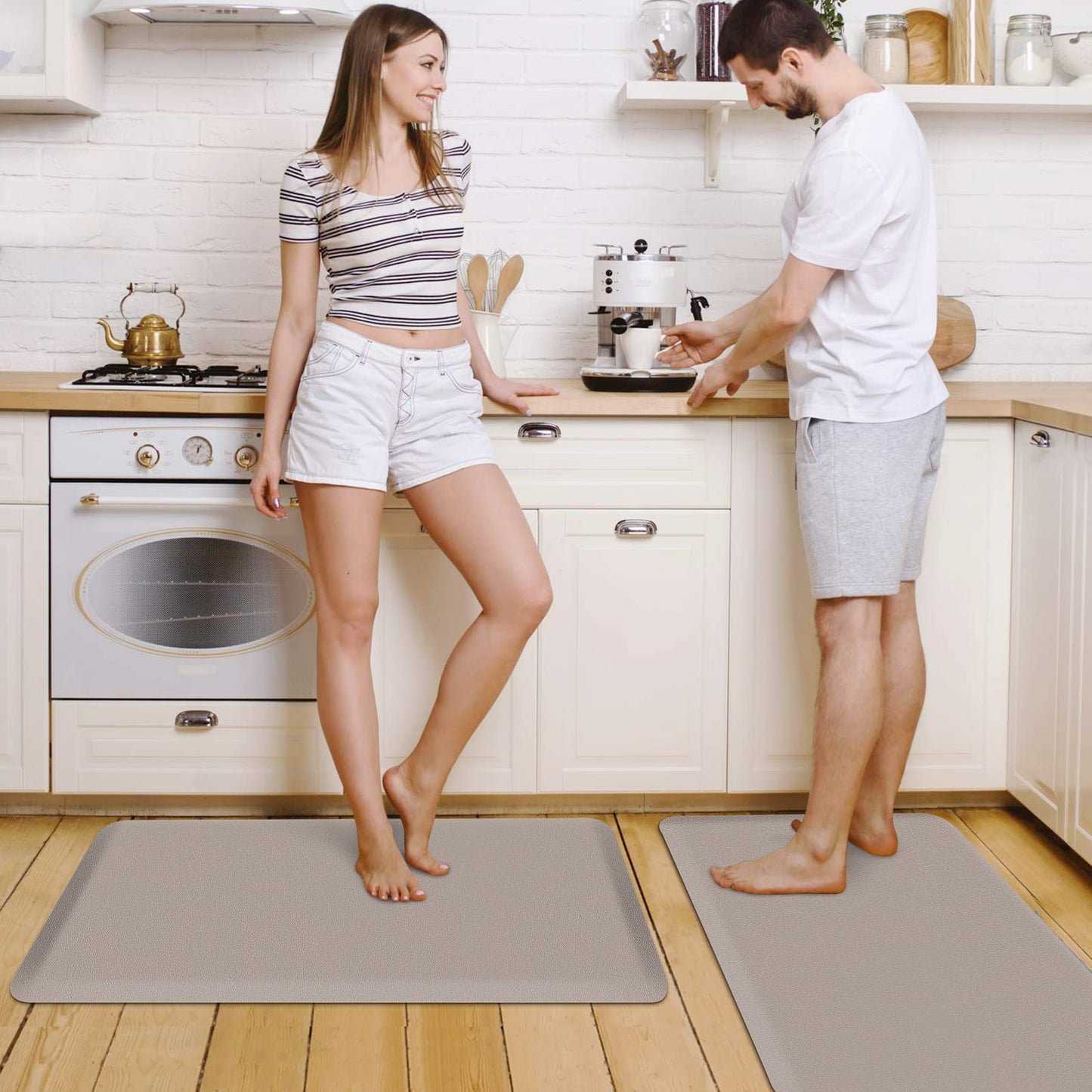 HappyTrends 2 PCS Kitchen Mat Cushioned Anti-Fatigue Floor Mat, Heavy Duty Ergonomic Comfort Foam Standing Mat, Waterproof Non-Slip Kitchen Rugs for Home, Office, Laundry,Khaki