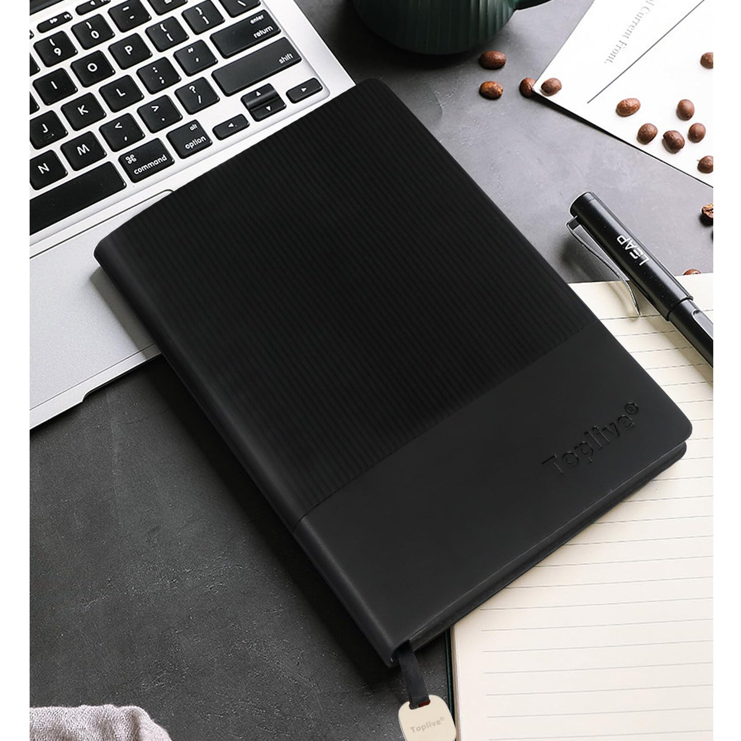 Toplive A5 Journal Notebook Soft Flexible Leather Cover, Premium Thick Lined and Blank Paper Double Layout 8.26" x 5.7" with Metal Bookmark, Black