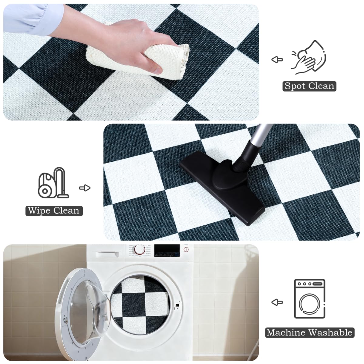 Vasofe Checkered Jute 5x7 Area Rugs, Washable Outdoor Patio Rug for Living Room Indoor Carpet, Non-Slip Farmhouse Geometric Non Slip Carpet for Backyard Dining Room Bedroom, Black and White