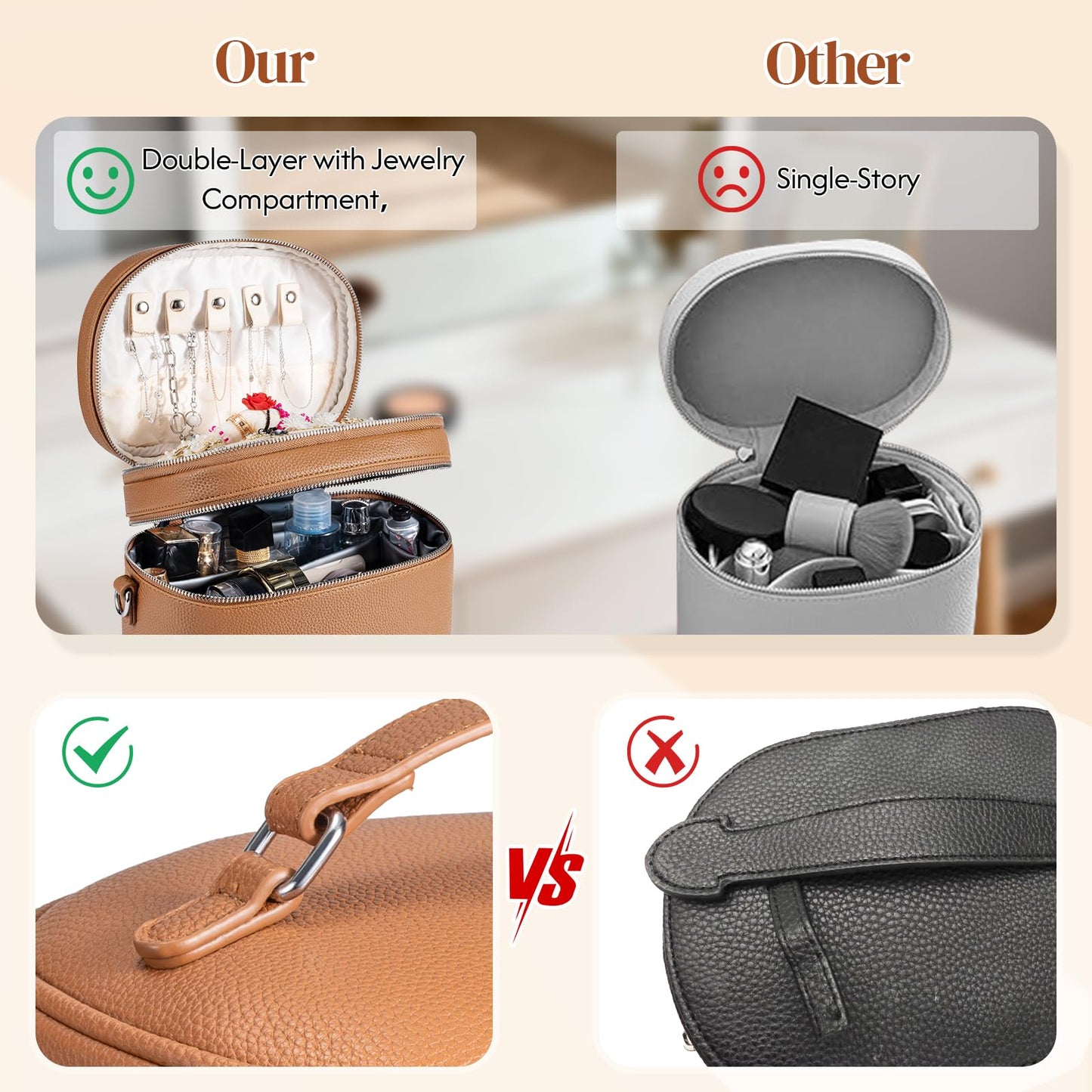 cysiyu Leather Makeup Bag Organizer Double Layer Vanity Bag Large Capacity with Compartments and Handle Travel Portable Storage Crossbody Cosmetic Jewelry Case for Women. Brown
