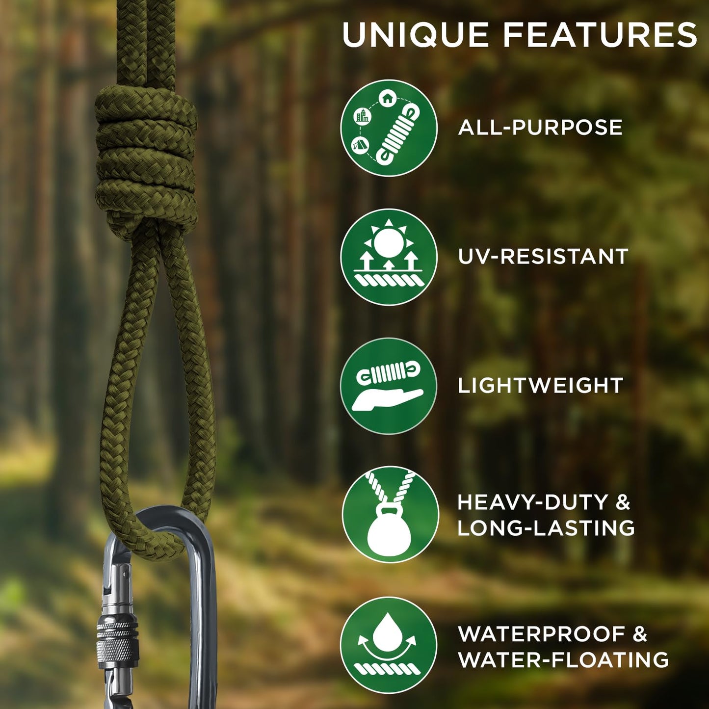 TECEUM Rope – 90 Feet x 1/4 Inch (7mm) – Army Green – Strong All-Purpose Utility Rope – Camping, Crafting, Flag Pole, Indoor & Outdoor – Polypropylene Nylon Poly Lightweight Diamond Braided Cord