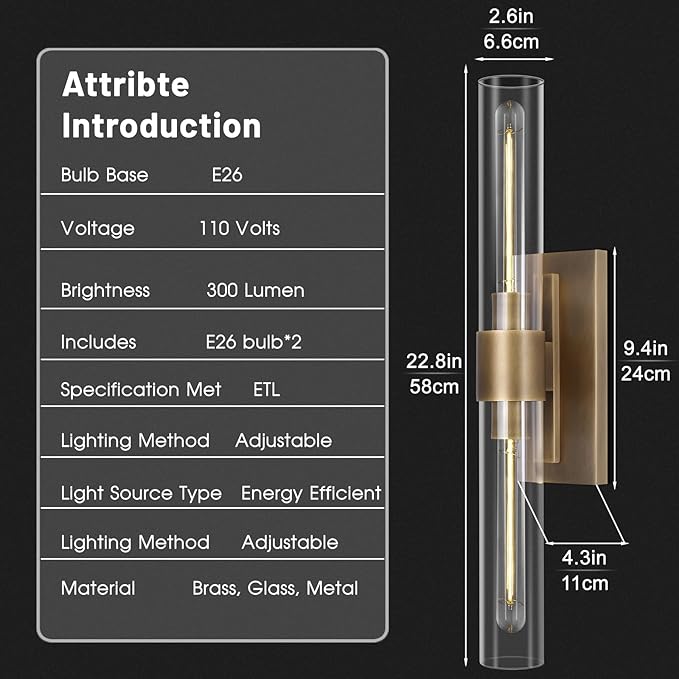 Brass Wall Sconces, 22.8" Bathroom Wall Sconce, Antique Brass Wall Sconces Set of 2, 2-Light Dimmable Wall Sconce, Sconces Wall Lighting With Glass, Bathroom Vanity Light, Tube Sconce for Living Room