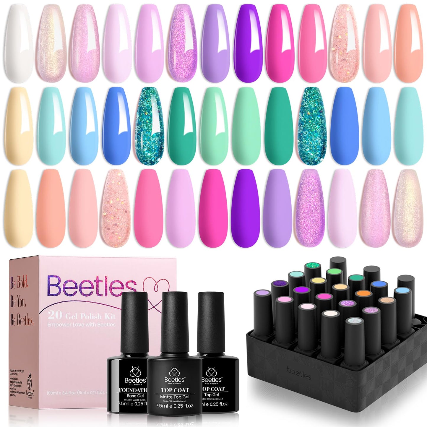 Beetles Cat Eye Gel Polish Set - 24Pcs 20 Colors Glitter Dark Color Changing Gel Nail Polish Kit with Base Gel Glossy Matte Top Coat Soak off UV DIY Nail Art Salon Ombre Black Nails Gift