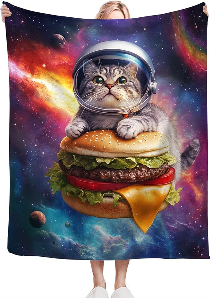 Funny Cat Decor Gifts - Flannel Fleece Fuzzy Cat Throw Blanket, Soft Warm Cozy Plush Food Blanket for Bed Couch Living Room, Stuffed Decoration for Kids Adult, 80"x60"