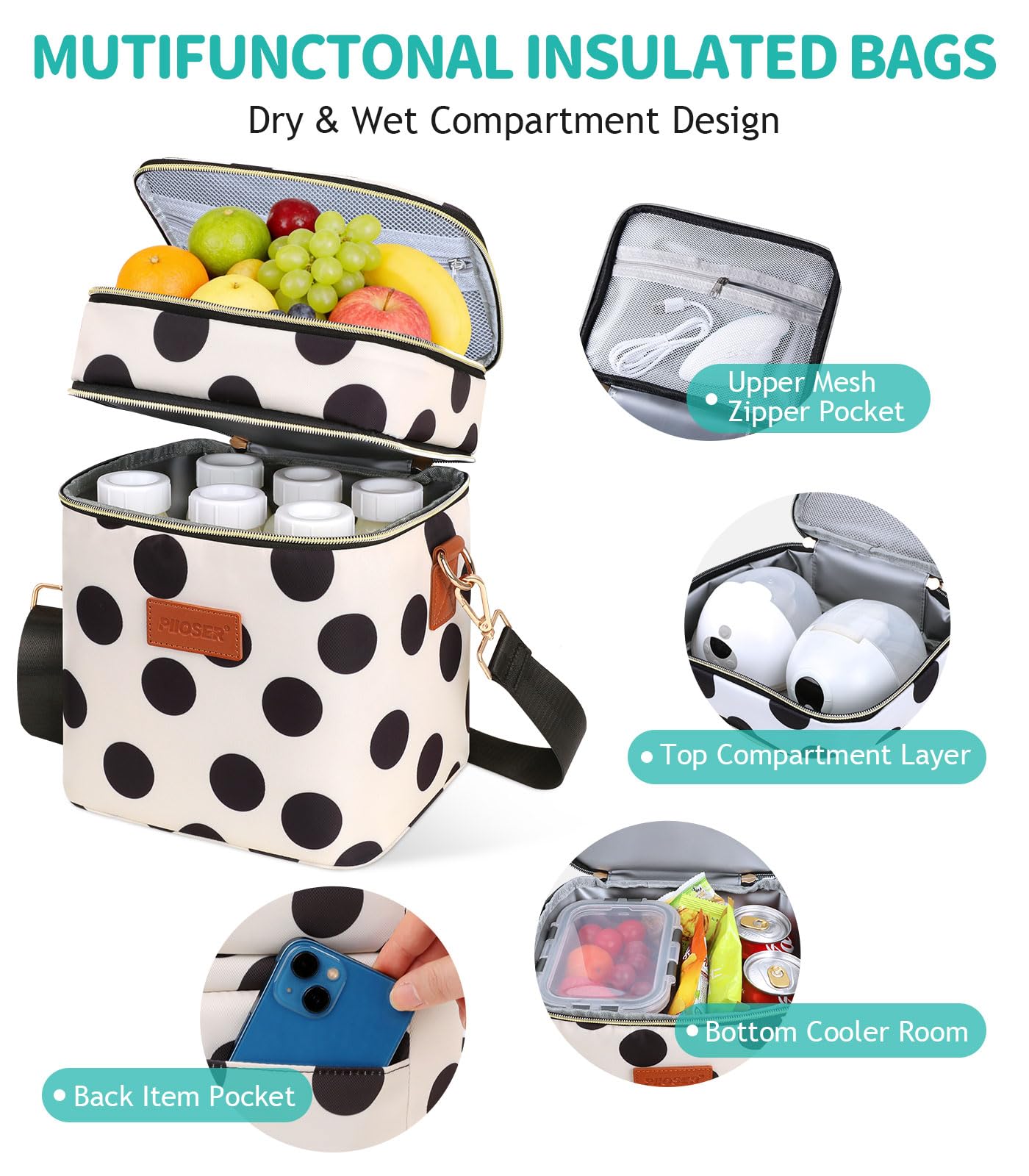 PIIOSER Breastmilk Cooler Bag with Ice Pack, Fits 6 Baby Bottles Up to 9 Oz, Stylish Baby Cooler Travel Bags with Shoulder Strap, Double Layer & Leakproof for Nursing & Working Moms, Black Polka Dots