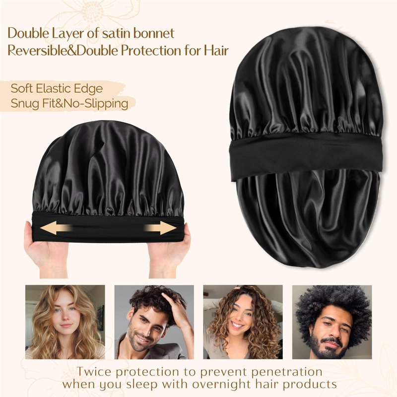 YANIBEST Silk Bonnet for Men Women Hair Bonnet for Sleeping Double Layer Satin Bonnets for Black Women Curly Hair Sleep Cap,Black