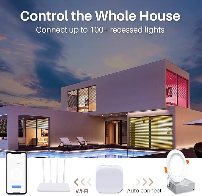 Peteme Smart Led Recessed Lighting 6 Inch 12 Pack WiFi Ceiling Light 14W,1200LM Color Changing Recessed Lighting RGB Cool & Warm White, Sync to Music, Controllable Downlight Compatible with Alexa