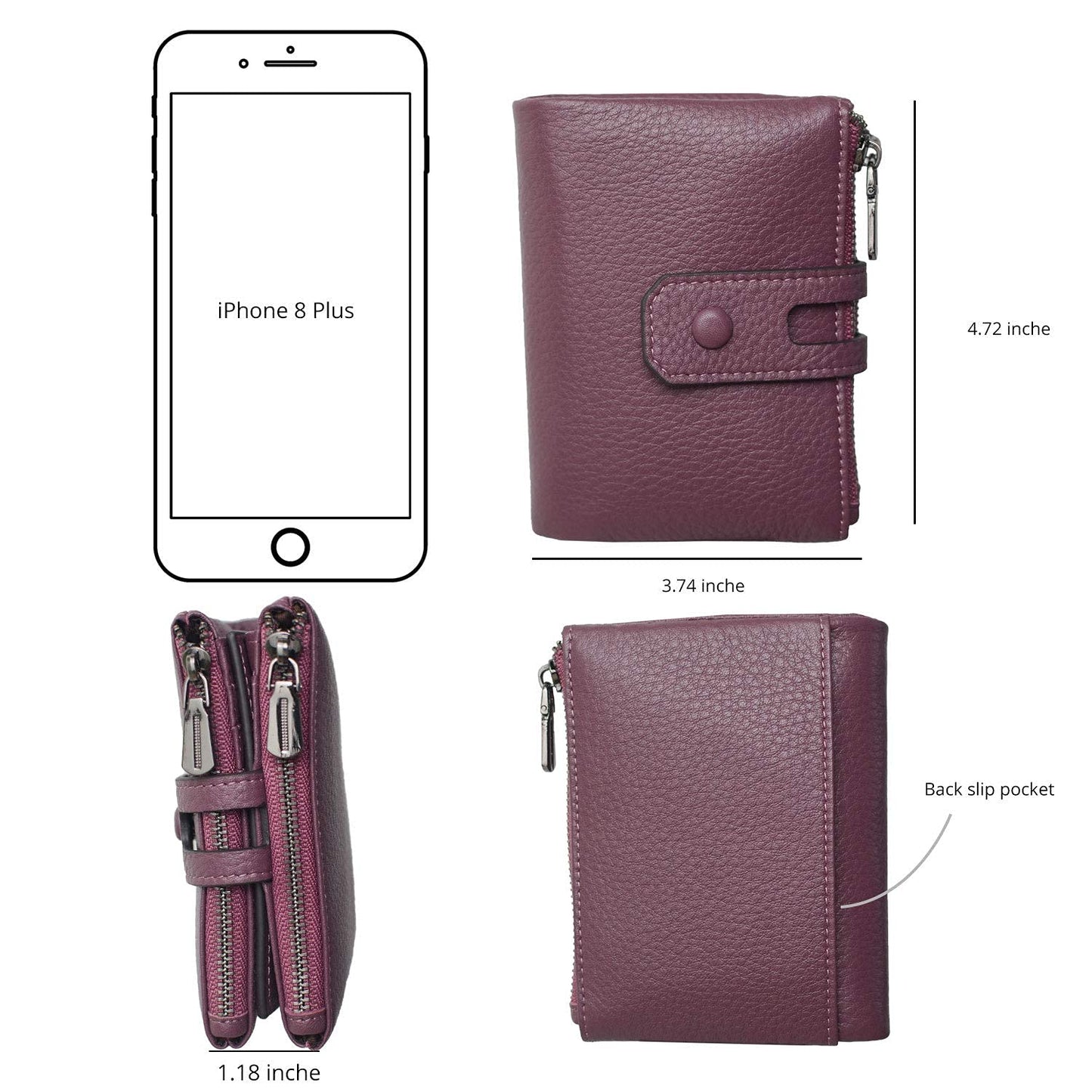 Bveyzi Small Soft Leather Wallet for Women RFID Blocking Ladies Card Holder with Double Zipper Pocket (Deep Plum)