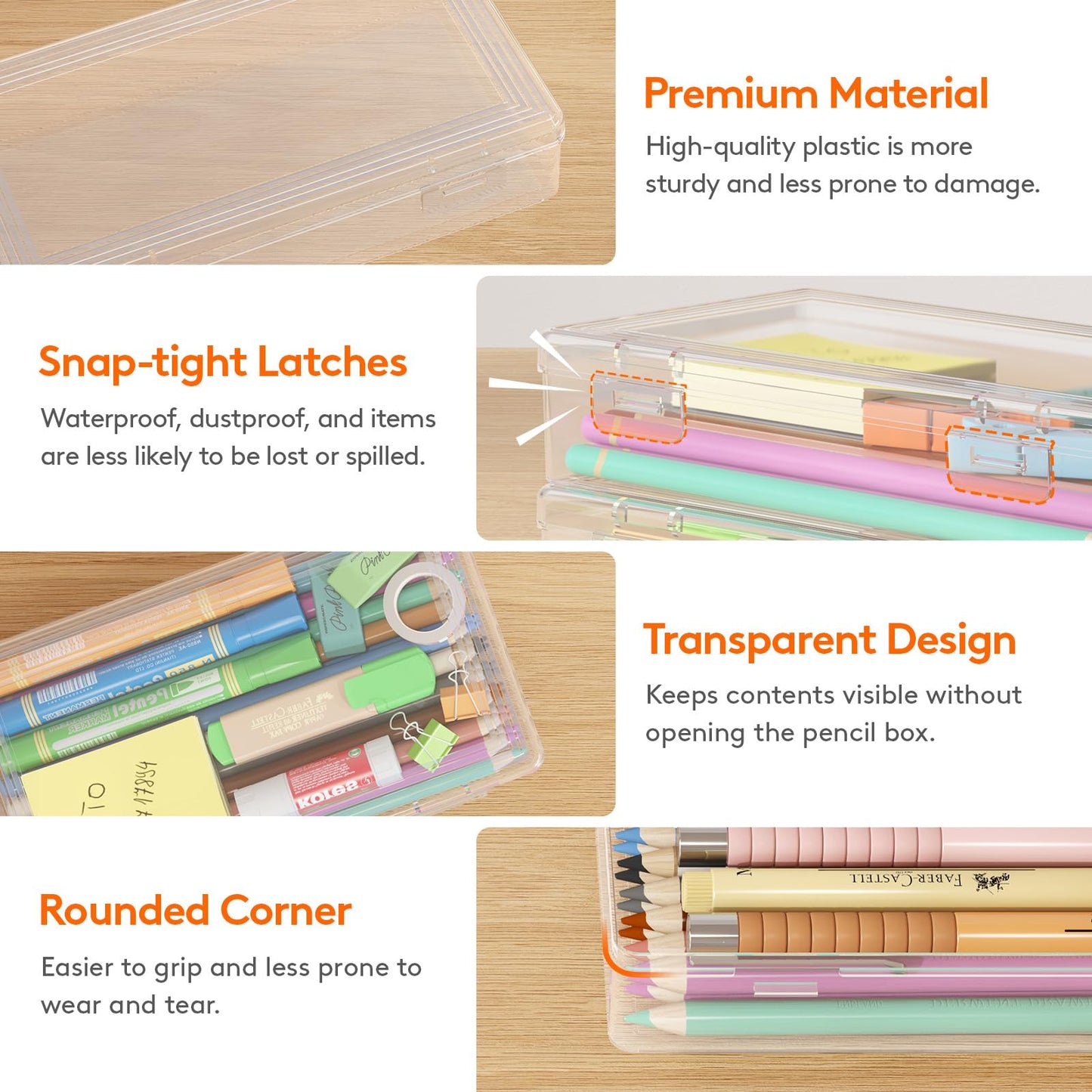 Lifewit Plastic Pencil Box with Snap-tight Lid, Large Capacity Hard Pencil Case, Craft organizer for Art Supply,Office, 4 Pack