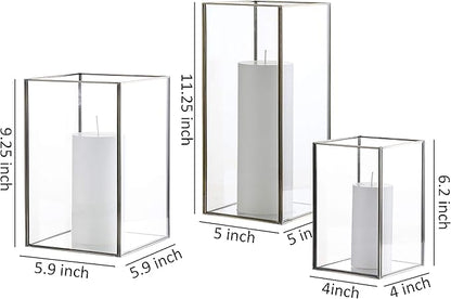 Set of 3 Square Glass Hurricane Candle Holders, Clear Glass Framed in Vintage Brass, Pefect for Spa, Hotel, Festival, Home Decoration,(Bronze Fram Finsh)