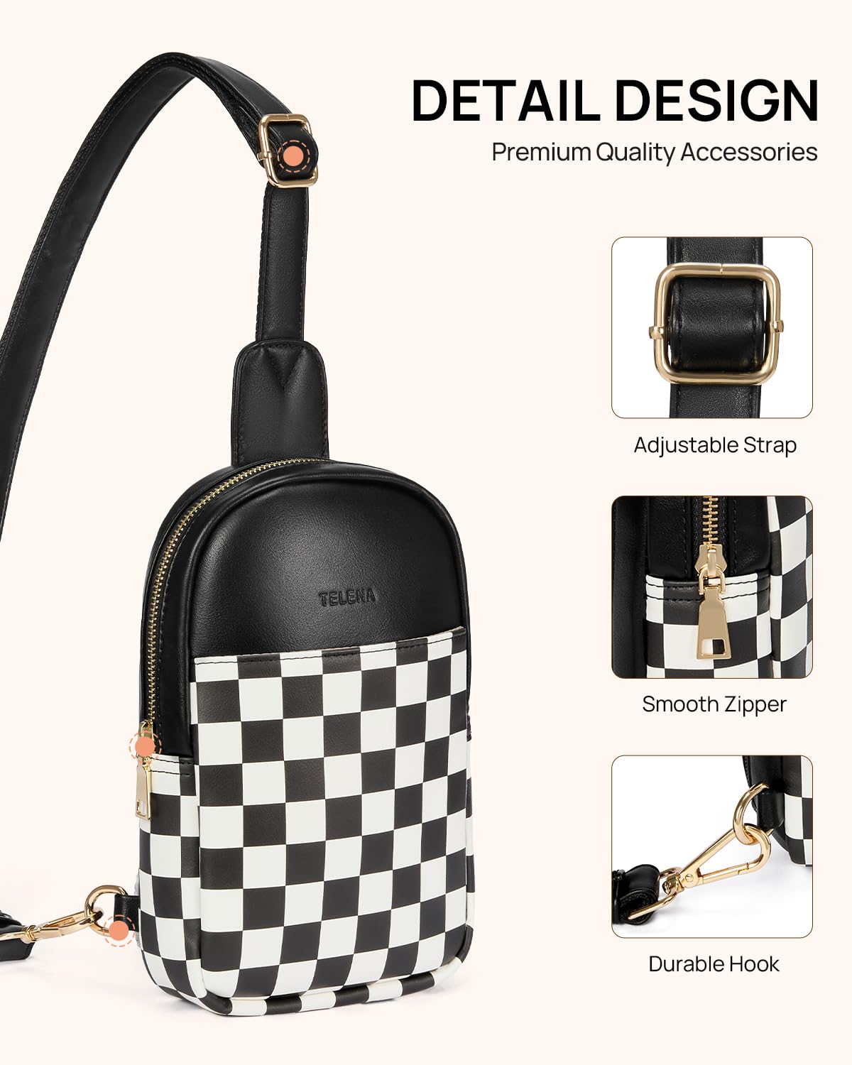 Telena Crossbody Bags for Women Leather Cross Body Sling Bag for Woman Travel Black and White Checkered
