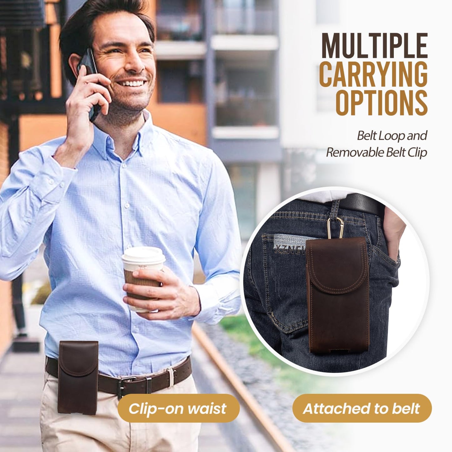 Hengwin Top Grain Leather Cell Phone Holster for Belt, Belt Pouch with Magnetic Closure Belt Clip/Loop, Phone Holder Belt Case Fit for iPhone 17 Pro Max 16 Pro Max Samsung Galaxy S26 Ultra (Coffee)
