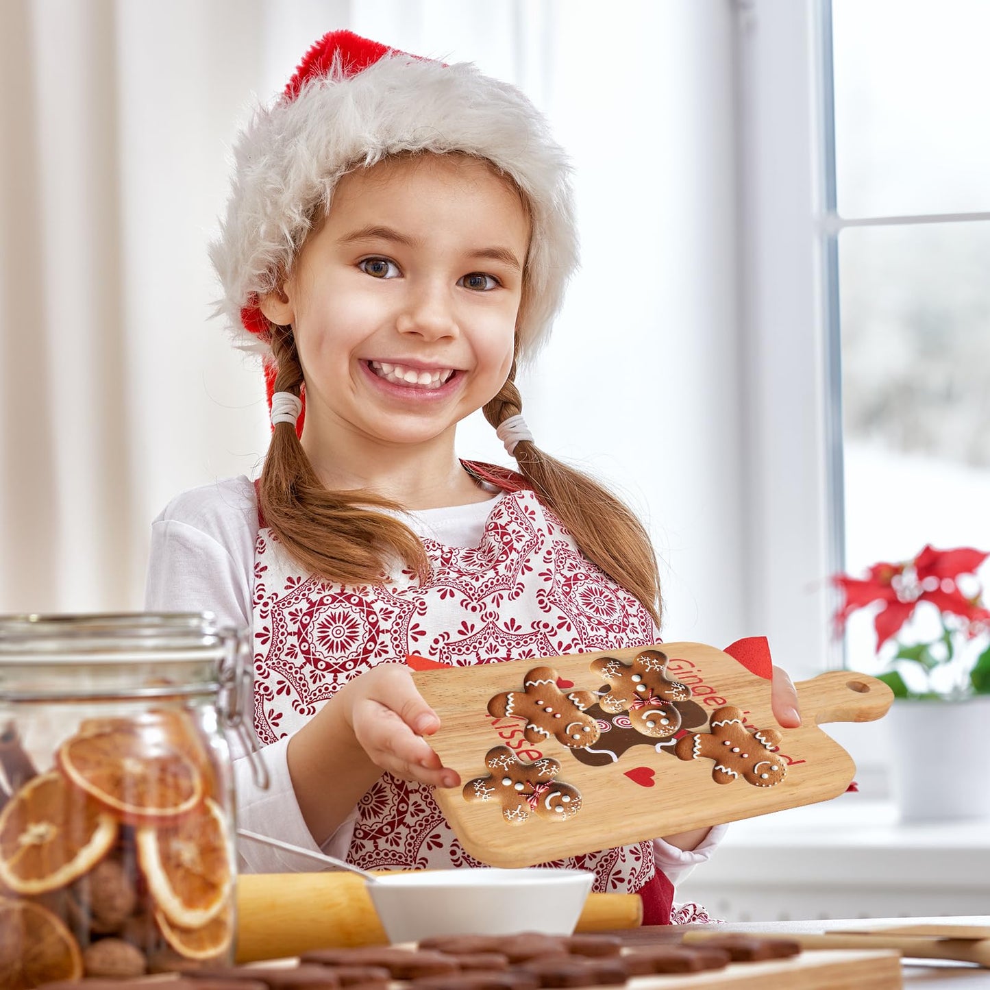 JarThenaAMCS 2 Pcs Merry Christmas Wood Cutting Board with Ribbon Gingerbread Man Kitchen Chopping Charcuterie Board Serving Platter Tray Dessert Candy Dish for Xmas Winter Home Party Gift Decor