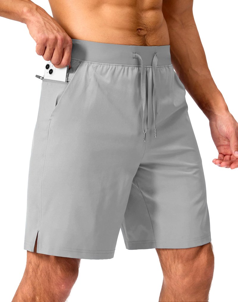 Soothfeel Men's Running Shorts with Zipper Pockets 9 Inch Lightweight Quick Dry Gym Sports Athletic Workout Basketball Shorts for Men (Light Grey, XXXL)