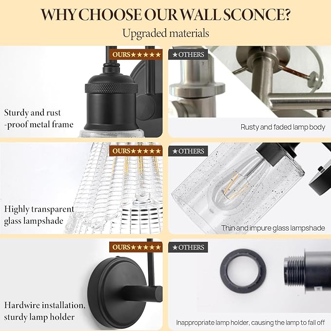 Wall Sconce Set of 2, Black Vintage Light Fixtures with Long Clear Glass Lampshade, Hardwired Sconces Wall Lighting for Bedroom, Bathroom, Living Room | Includes 2 LED Bulbs