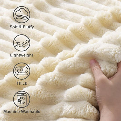 decorUhome Soft Fleece Beige Blanket King Size for Bed, Cozy Fluffy Plush Flannel Large Striped Throws for Couch Sofa, Lightweight Decorative Fuzzy Blanket for Woman, 108x90 Inches