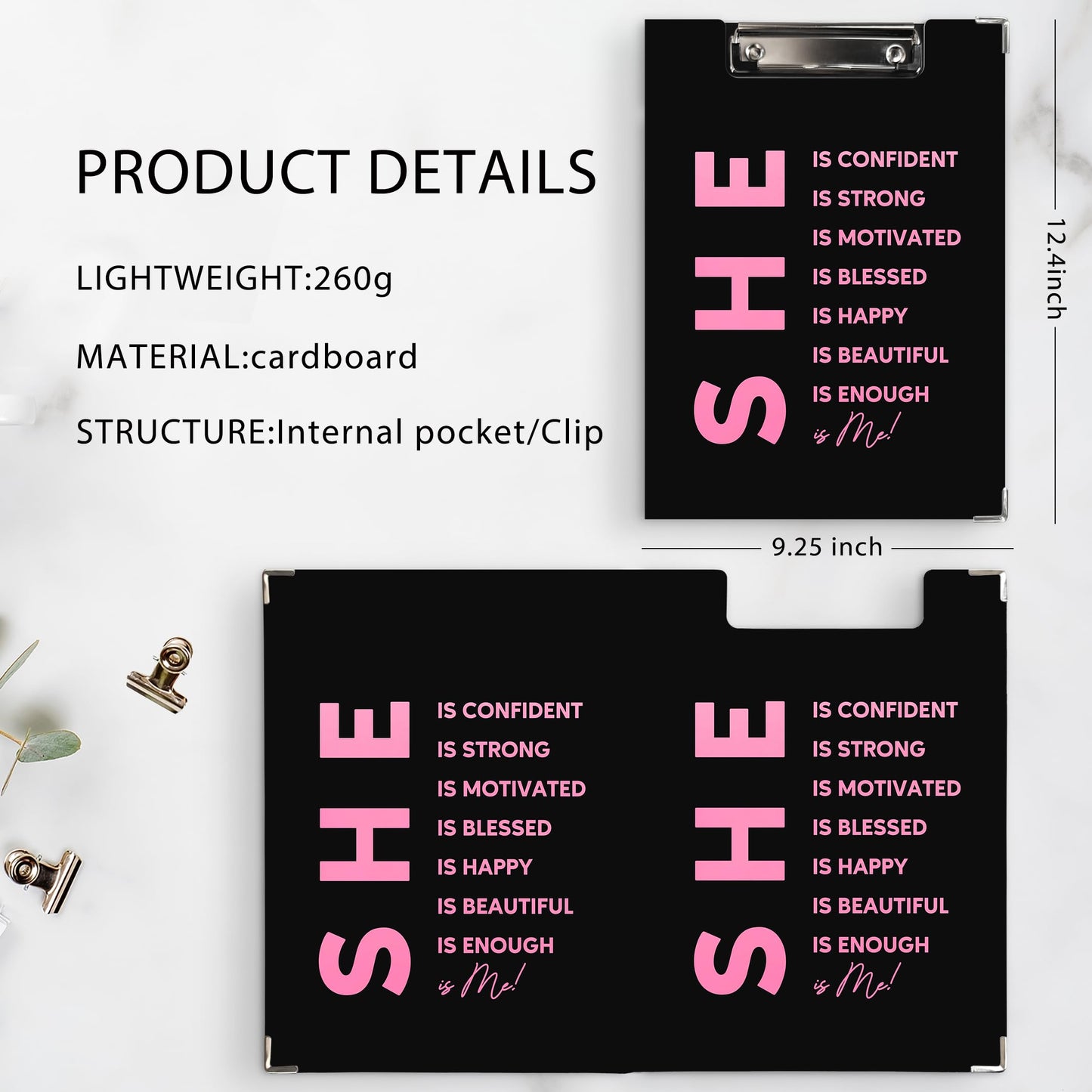 Ku-dayi Inspirational Positive Clipboard Padfolio with Storage Pocket, She is Me Motivational Affirmations Low Profile Clip Boards for Nurse Office Classroom, Gifts for Women Girls, 12.4 x 9.25 in