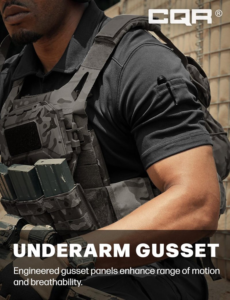 CQR Men's Quick Dry Tactical Polo Shirt, Lightweight Breathable Performance Polo, Short Sleeve UPF 50+ Outdoor Golf Shirt, Frost Essential Black, X-Large