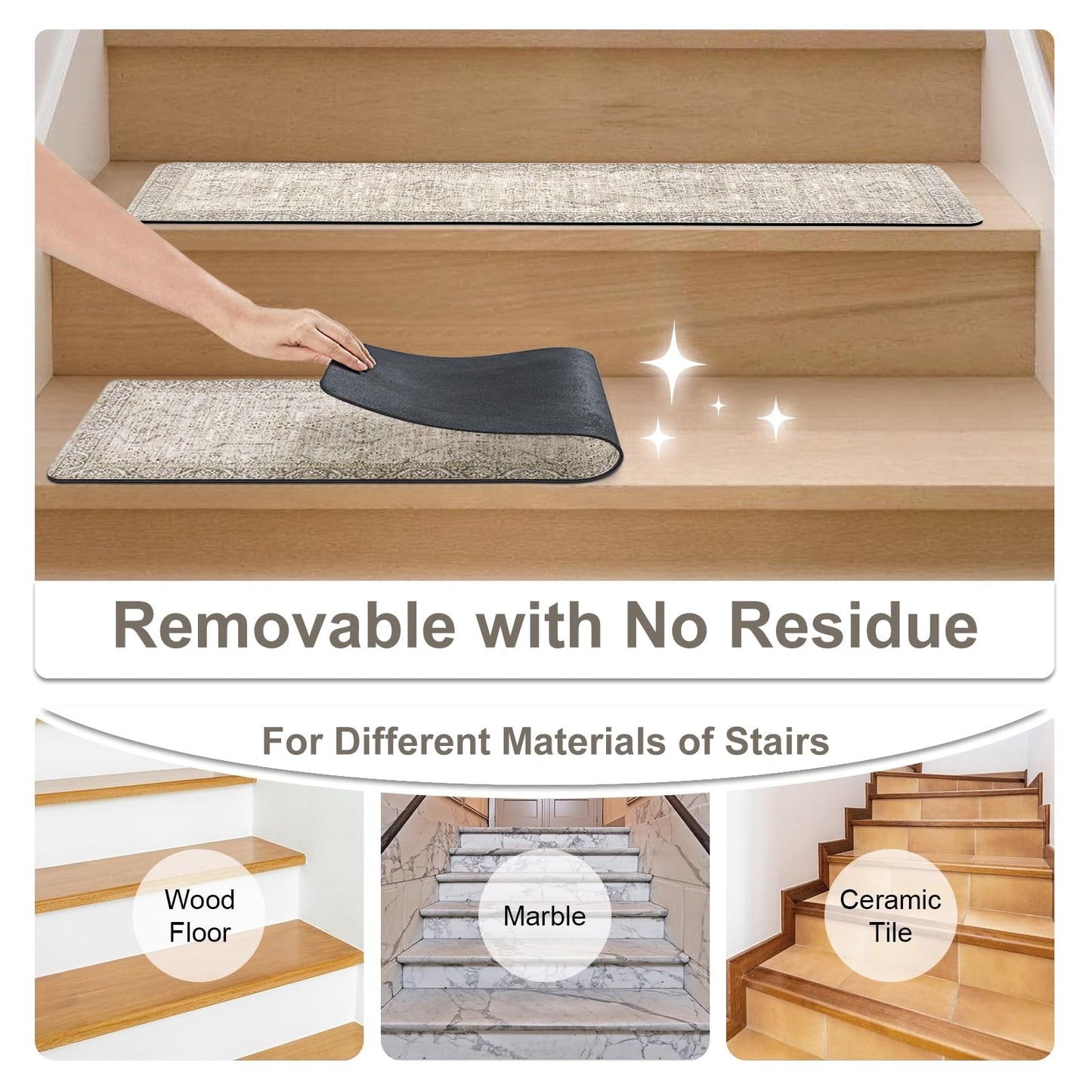 Tiveney Stair Treads Non Slip 15PCS 8"x30" Stair Runner, Rubber Backing Carpet Stair Treads for Wooden Steps, Washable Safety Carpet for Stairs Khaki Indoor Staircase Step Treads for Kids Elder Dogs