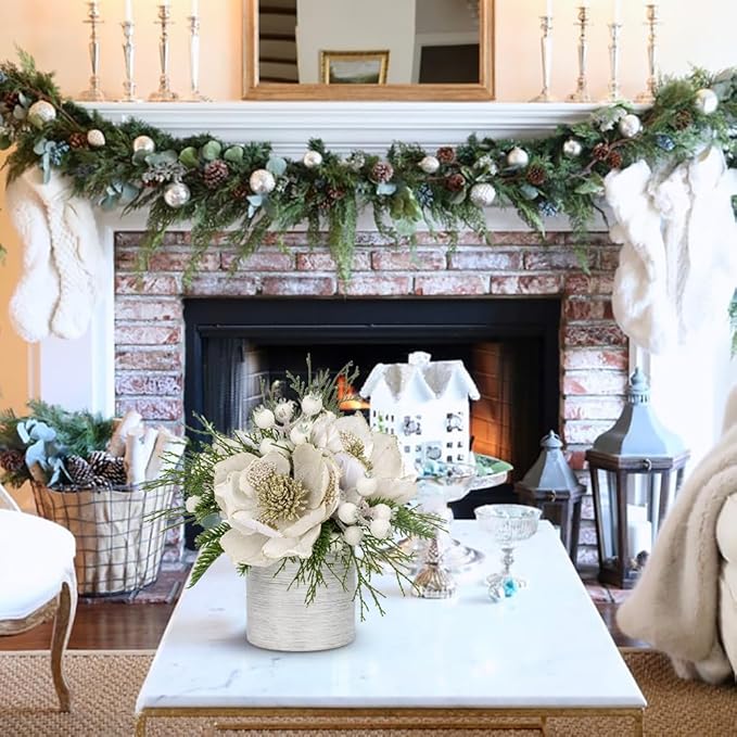 DILATATA 12 inch White Christmas Table Centerpiece with 5" Glitter Magnolia Flower and White Berries Fir Greenery Artificial Floral Centerpiece