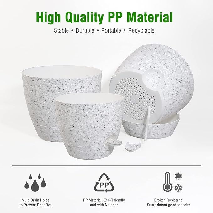 10/9/8 inch Self Watering Pots, Set of 3 Plastic Planters with Mesh Drainage Holes and Deep Reservoir for Indoor Outdoor Garden Plants and Flowers, White Speckles
