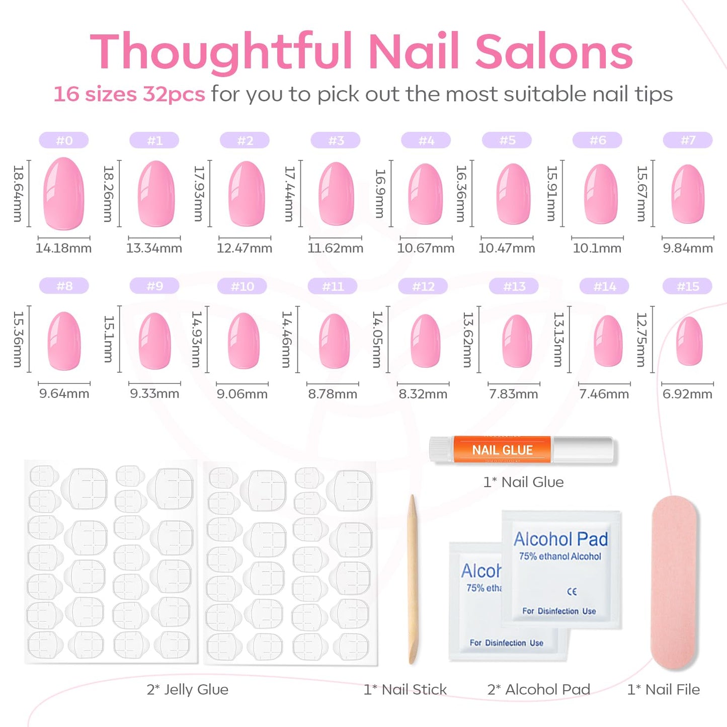 modelones Pink Short Press on Nails, Fall Halloween Oval Fake Nails Kit Press Ons with Nail Glue, Adhesive Tabs, Nail File, Prep Pad, Manicure Stick, 32Pcs 16 Sizes