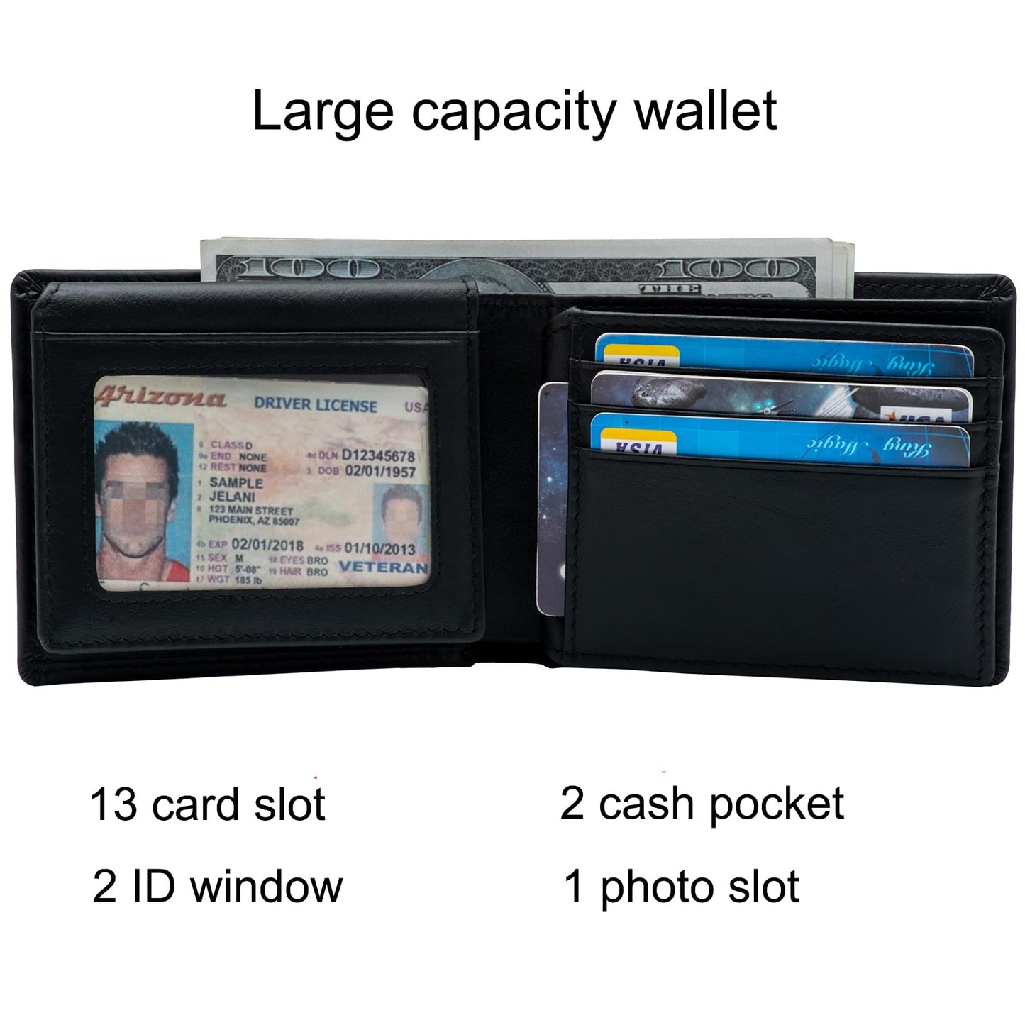 baotuiok Mens Bifold Leather Wallet with 14 Card Slots, 2 ID Windows, Large Capacity, and RFID Blocking Large Wallet for Men