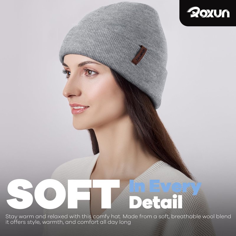 ROXUN Beanie for Men/Women Winter Hat Knit Cuffed Soft Warm Unisex Skull Stocking Cap Black