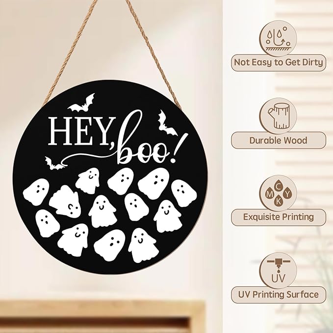 Hey Boo Sign 12x12 Inch Halloween Wreaths for Front Door Halloween Ghost Wood Door Hanger Black Boo Sign Farmhouse Holiday Decorations Wall Hanging Plaque for Trick or Treat Party Inside Outside