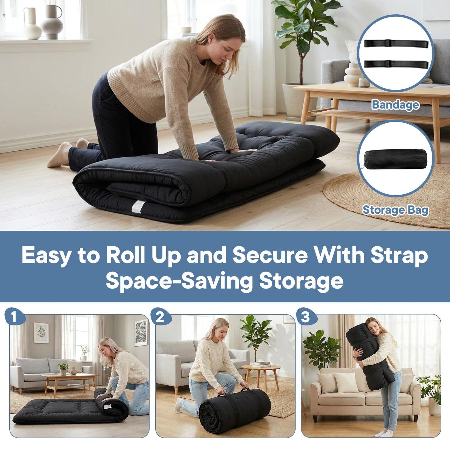 DUMOS Japanese Floor Mattress Queen Size, Futon Mattress Foldable with Removable Washable Cover, Portable Roll Up Tatami Mat for Small Bedroom, Couples, Family Movie Night and Home Use, Black
