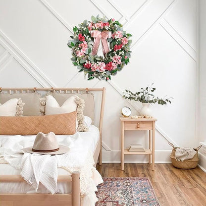 22” Summer Wreath with Hydrangea Lamb's Leaves, Summer Floral Wreaths with Ribbon Bow for Front Door Wall Window and Holiday Festival Party Banquet Wedding Decor