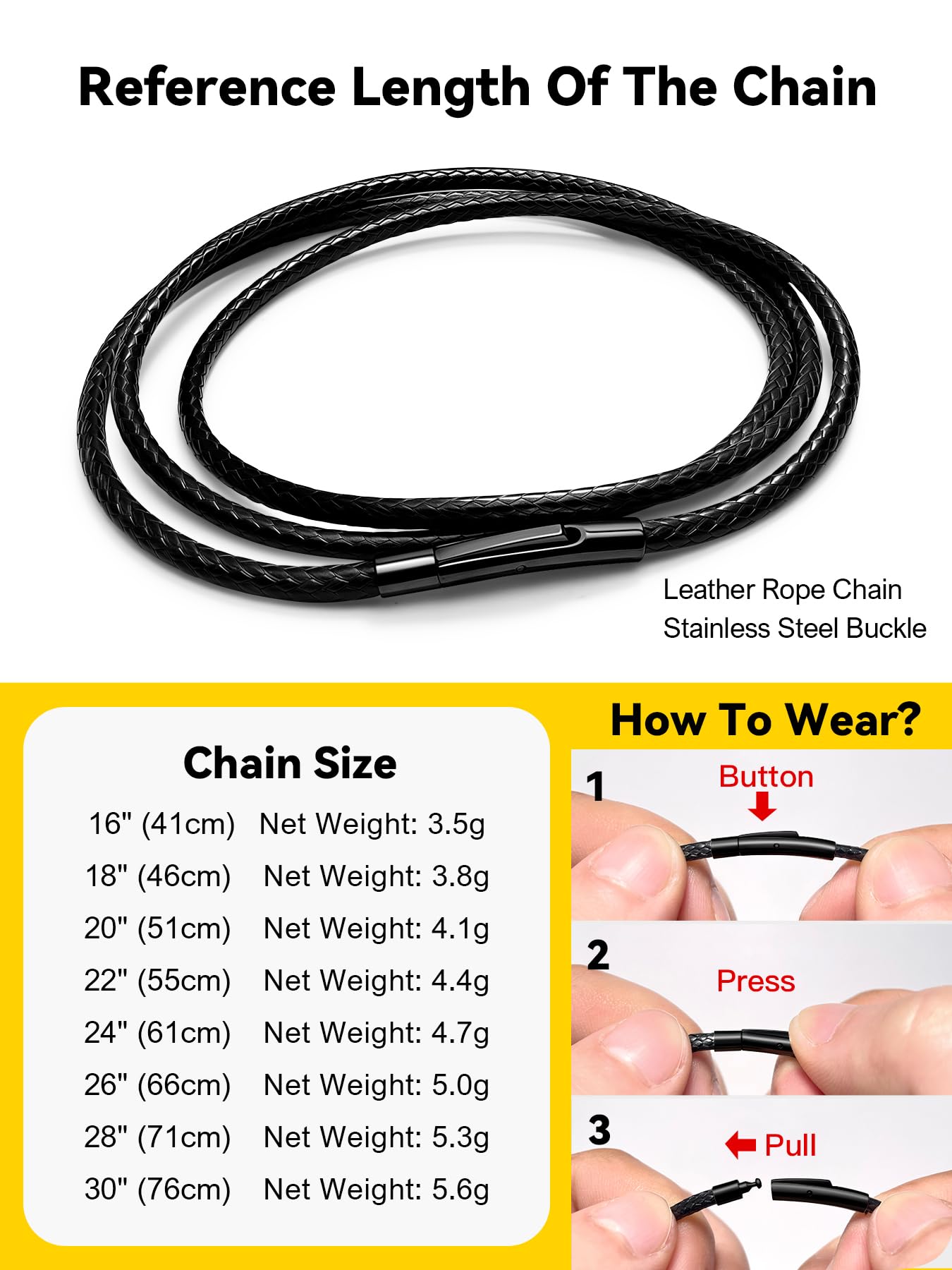 Hoyazvet 3MM Black Rope|Black Clasp Waterproof Braided Leather Necklace Cord for Men Women Black Wax Rope Chain for Pendants, 24 Inch Lengths(Gift Box)