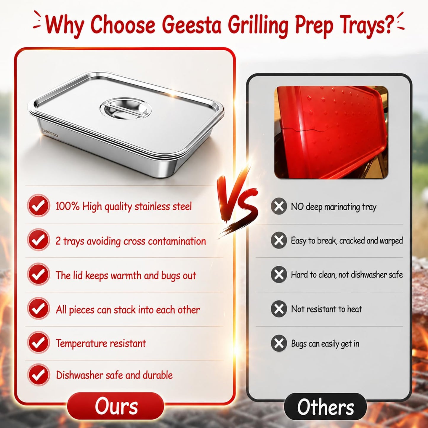 Geesta Grilling Prep and Serve Tays, Stainless Steel Large Capacity Food Prep Tray, Grill Carry System, Marinade Container with Lid and Cutting Board,BBQ Grill Accessories, Grilling Gifts for Men