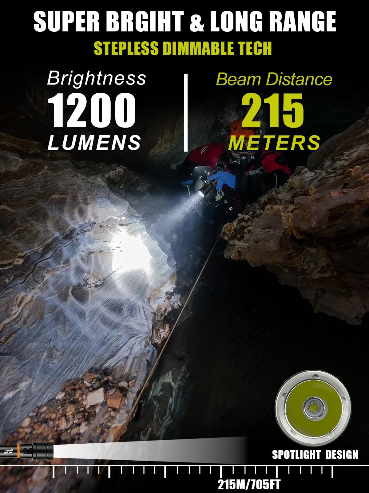 Scuba Dive Light Diving Flashlight - PFSN High Lumens Underwater Flashlight IPX68 Waterproof, Rechargeable Dive Torch, Narrow Beam Diving Lamp Best for Diver Submersible Caving, Snorkeling