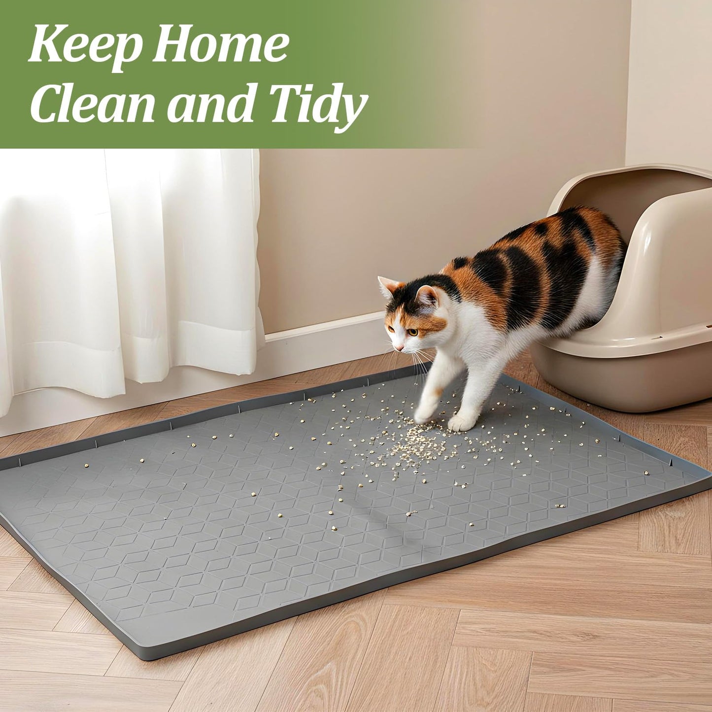 Xaajooio Cat Litter Mat for Litter Box, Silicone Large Cat Litter Trapping Mat - 34x22 in, Waterproof & Non-Slip, Durable & Easy Clean, Gray