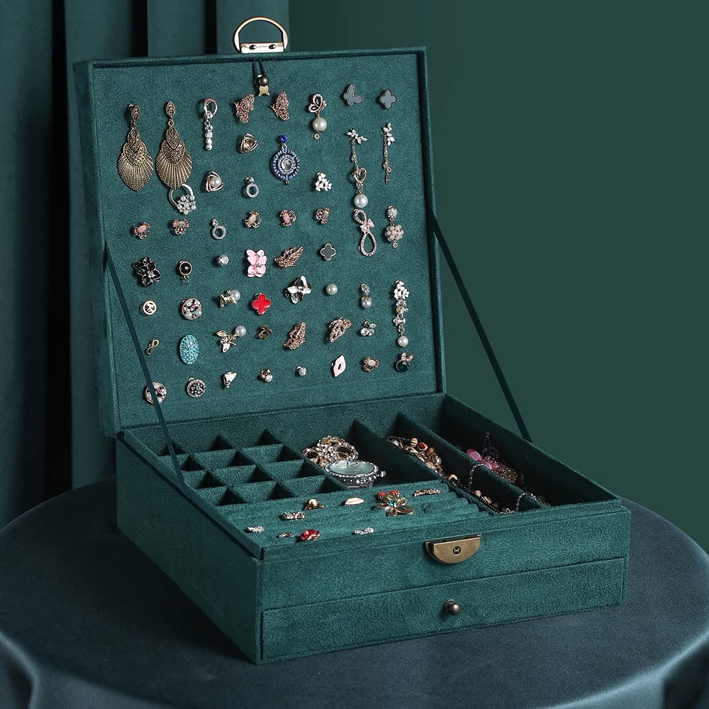 GYJOYERO Women Jewelry Box Lockable 3 Layers Large Jewelry Organizer Storage Case for Earrings Necklaces Rings Bracelets,Green Display Jewel Holder (Green)