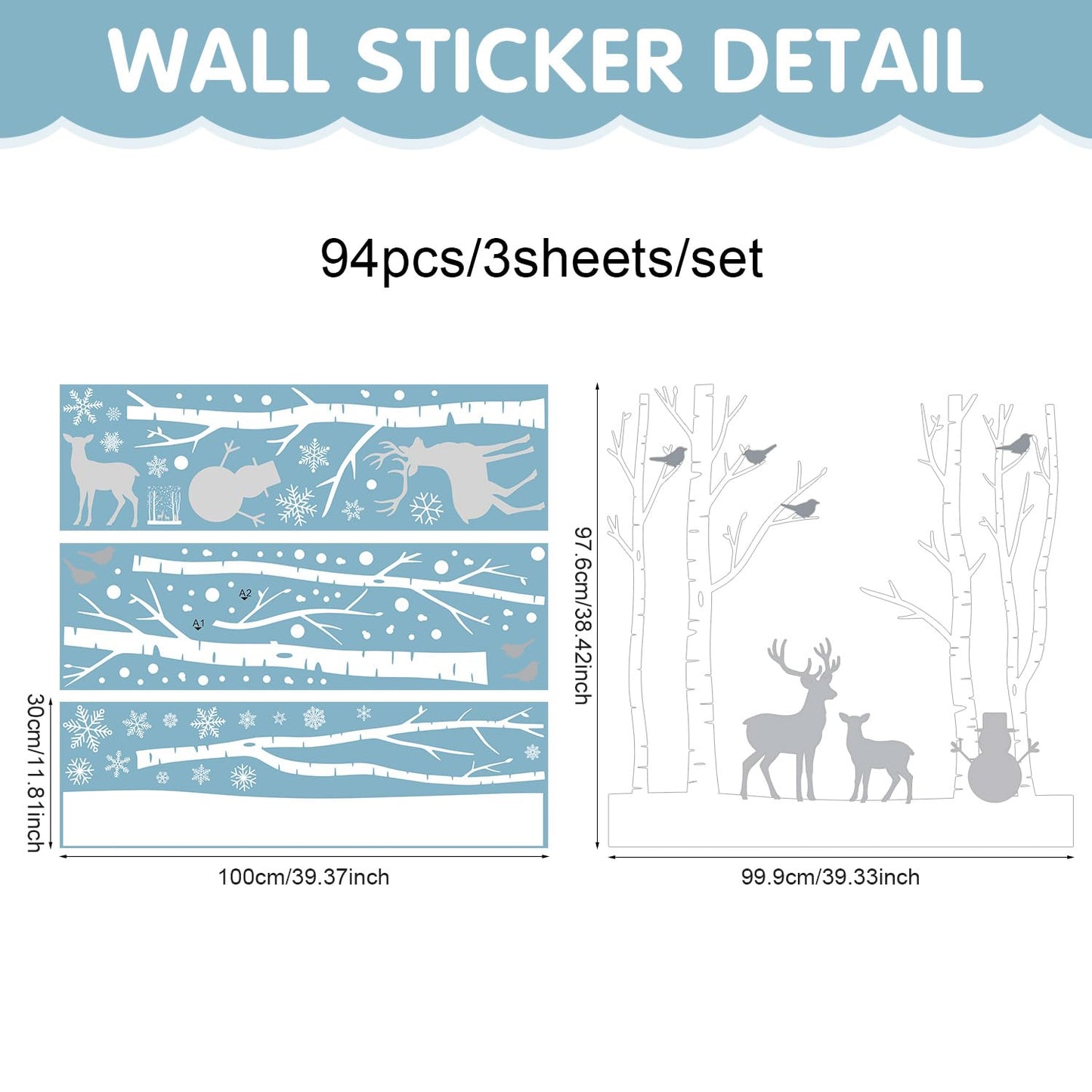 Kasubeso Large Birch Tree Deer Window Decal, Snowy Christmas Snowman Window Stickers, Peel and Stick Winter Snowflake Window Clings for Holiday Party Bedroom Living Room Offices Home Decoration