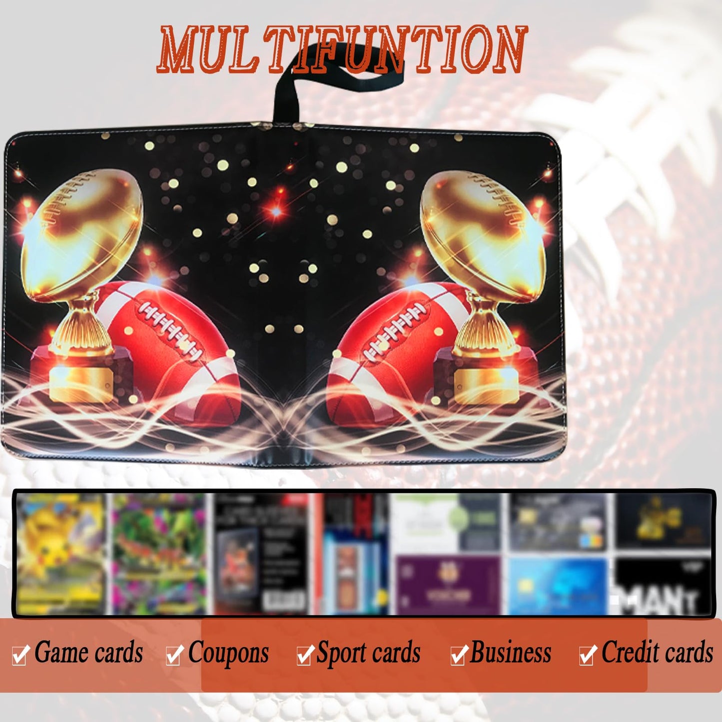 Trading Card Binder 900 Pockets, Football Card Binder Holder with 50 Removable Sleeves Fits 900 Sport Cards, Football Card Gifts Collector Album with Zipper Storage Display Case